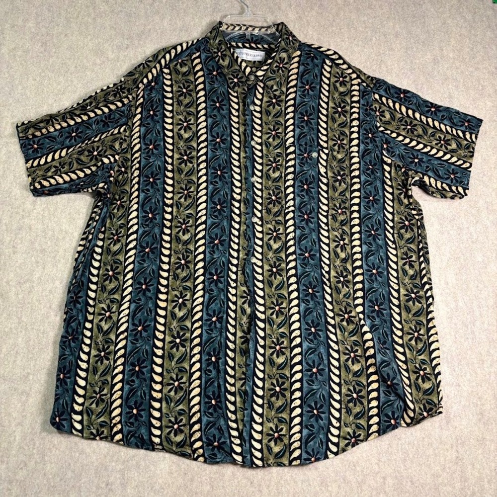 Alexander Lloyd Shirt Mens 3X Blue Rayon Floral Stripe Short Sleeve Vintage Boho